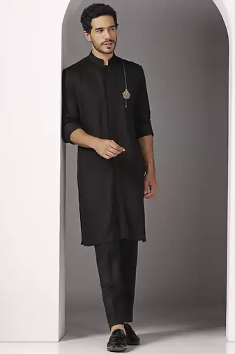 Black embroidered cotton kurta pajama