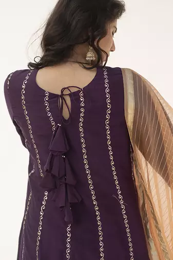 Purple printed cotton silk kurta set