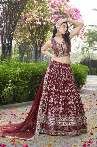 MAROON DOLA SILK SEQUINS ZARI EMBROIDERED LEHENGA CHOLI
