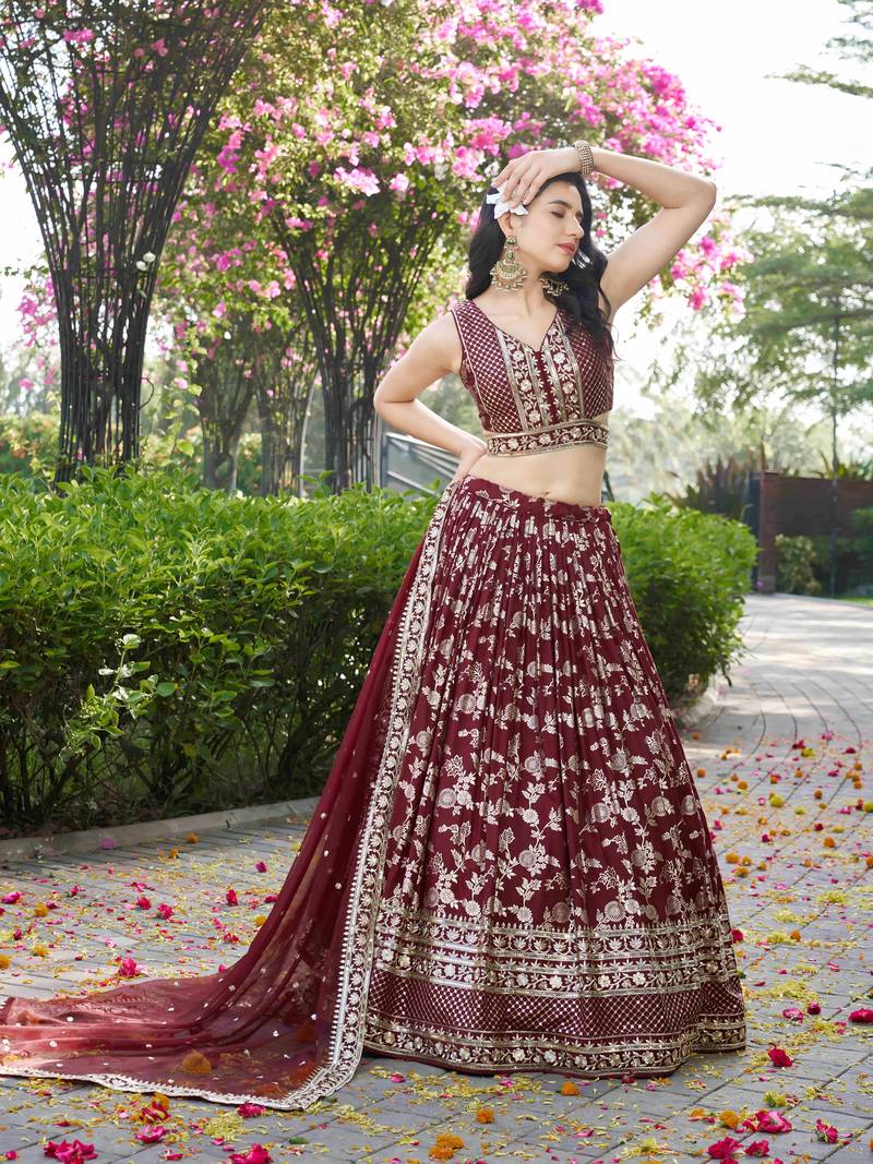 MAROON DOLA SILK SEQUINS ZARI EMBROIDERED LEHENGA CHOLI