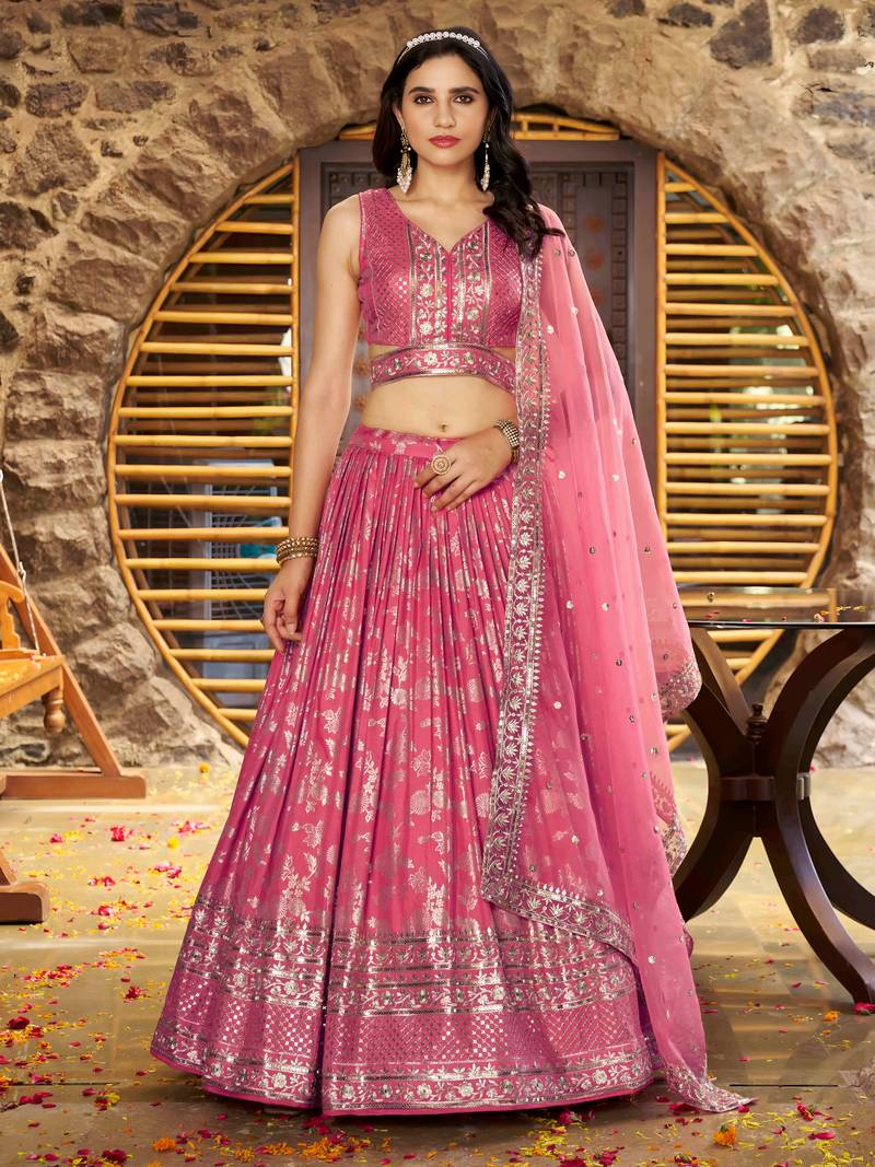 pink DOLA SILK SEQUINS ZARI EMBROIDERED LEHENGA CHOLI