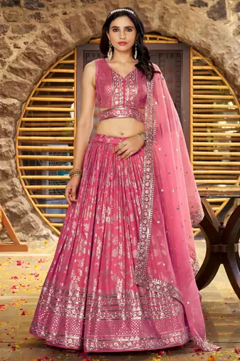 pink DOLA SILK SEQUINS ZARI EMBROIDERED LEHENGA CHOLI