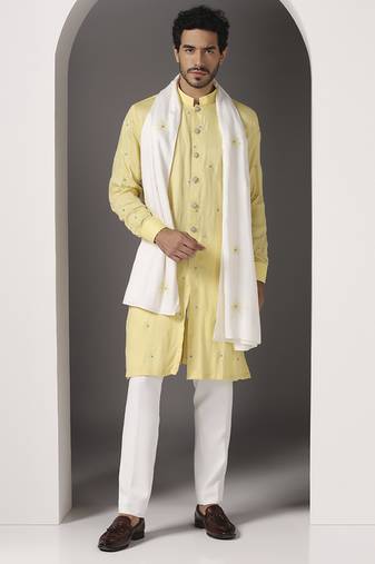 Yellow embroidered cotton kurta set