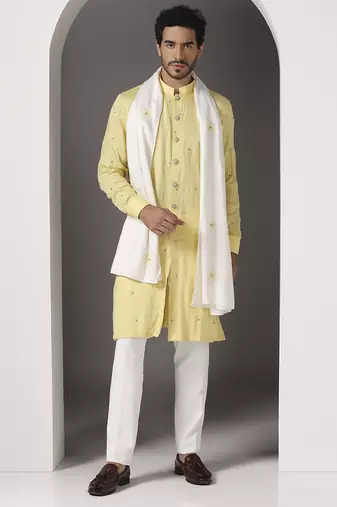 Yellow embroidered cotton kurta set