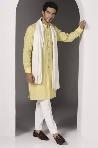 Yellow embroidered cotton kurta set