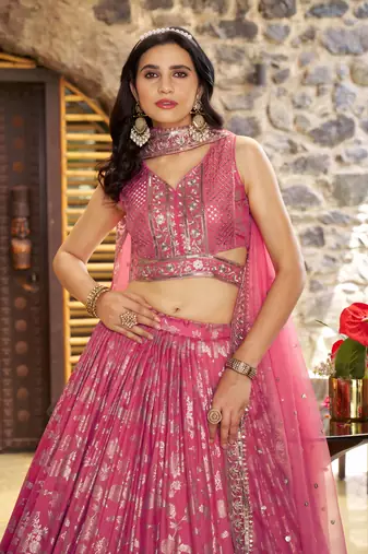 pink DOLA SILK SEQUINS ZARI EMBROIDERED LEHENGA CHOLI