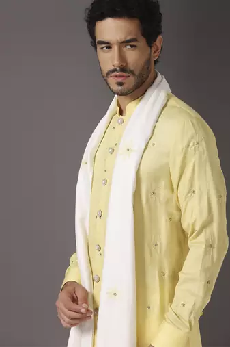 Yellow embroidered cotton kurta set