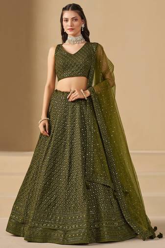 MEHENDI GEORGETTE SEQUINS THREAD EMBROIDERED LEHENGA CHOLI