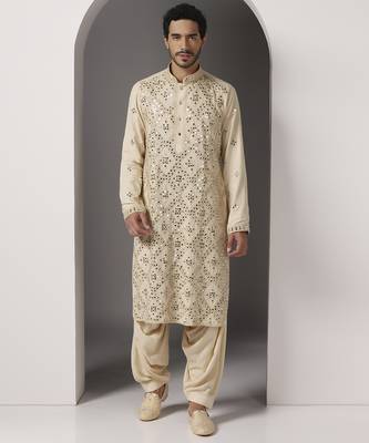 Beige embroidered cotton kurta pajama 1