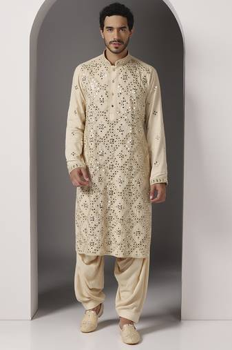 Beige embroidered cotton kurta pajama