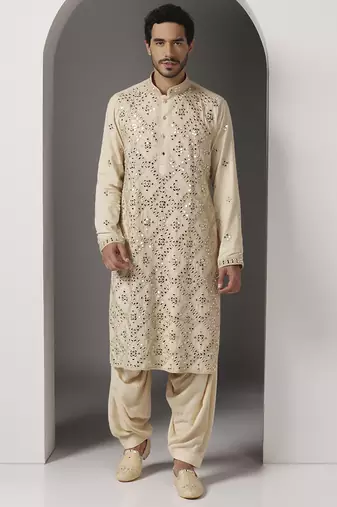 Beige embroidered cotton kurta pajama