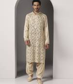 Beige embroidered cotton kurta pajama