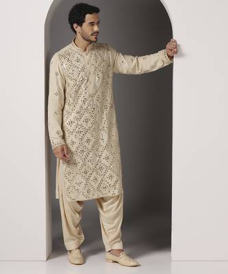 Beige embroidered cotton kurta pajama 2