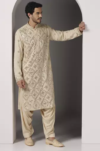 Beige embroidered cotton kurta pajama