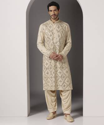 Beige embroidered cotton kurta pajama 3