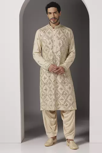 Beige embroidered cotton kurta pajama