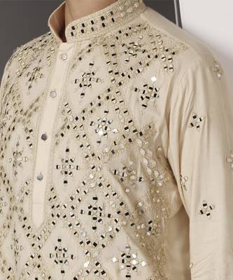 Beige embroidered cotton kurta pajama 4