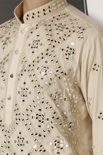 Beige embroidered cotton kurta pajama