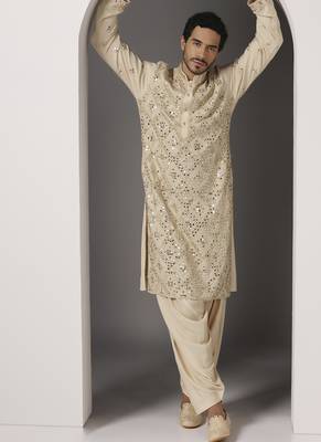 Beige embroidered cotton kurta pajama 5