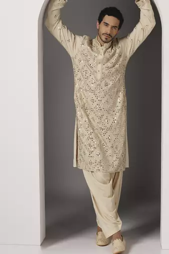 Beige embroidered cotton kurta pajama