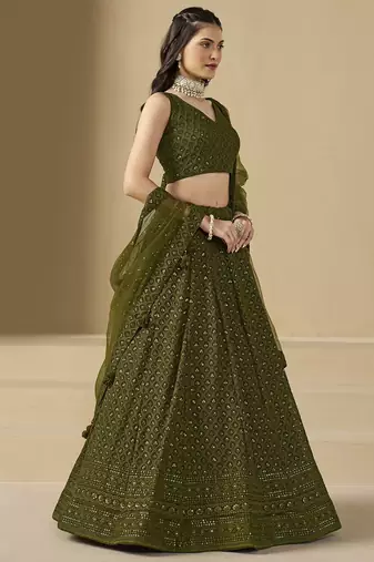 MEHENDI GEORGETTE SEQUINS THREAD EMBROIDERED LEHENGA CHOLI