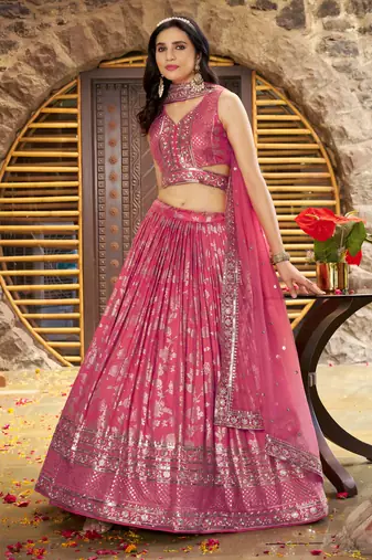 pink DOLA SILK SEQUINS ZARI EMBROIDERED LEHENGA CHOLI