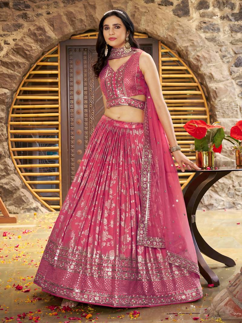 pink DOLA SILK SEQUINS ZARI EMBROIDERED LEHENGA CHOLI