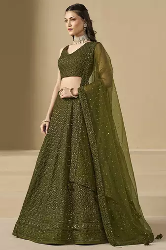 MEHENDI GEORGETTE SEQUINS THREAD EMBROIDERED LEHENGA CHOLI