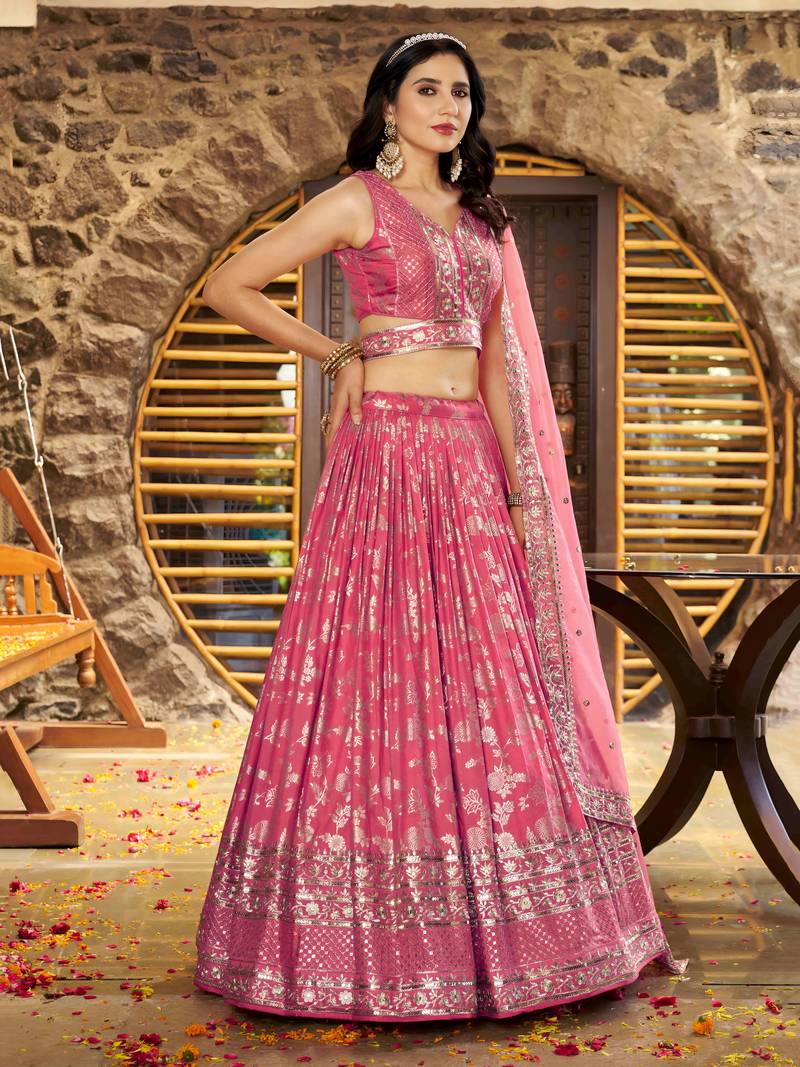 pink DOLA SILK SEQUINS ZARI EMBROIDERED LEHENGA CHOLI