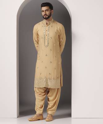 Beige embroidered cotton kurta pajama 1