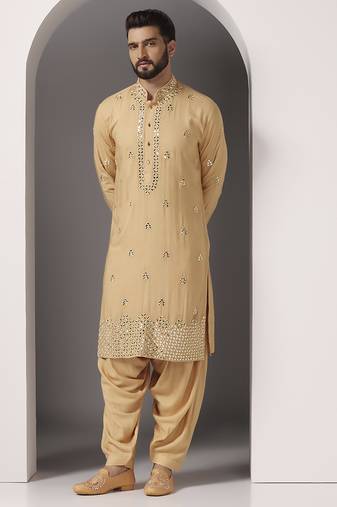 Beige embroidered cotton kurta pajama