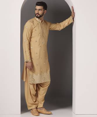Beige embroidered cotton kurta pajama 2
