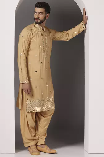 Beige embroidered cotton kurta pajama