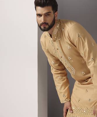 Beige embroidered cotton kurta pajama 3