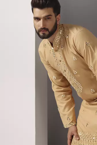 Beige embroidered cotton kurta pajama