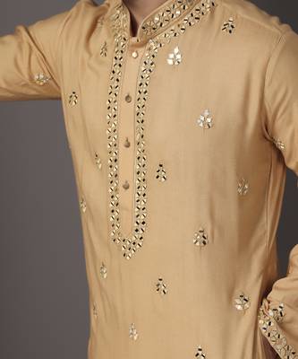 Beige embroidered cotton kurta pajama 4
