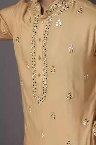 Beige embroidered cotton kurta pajama