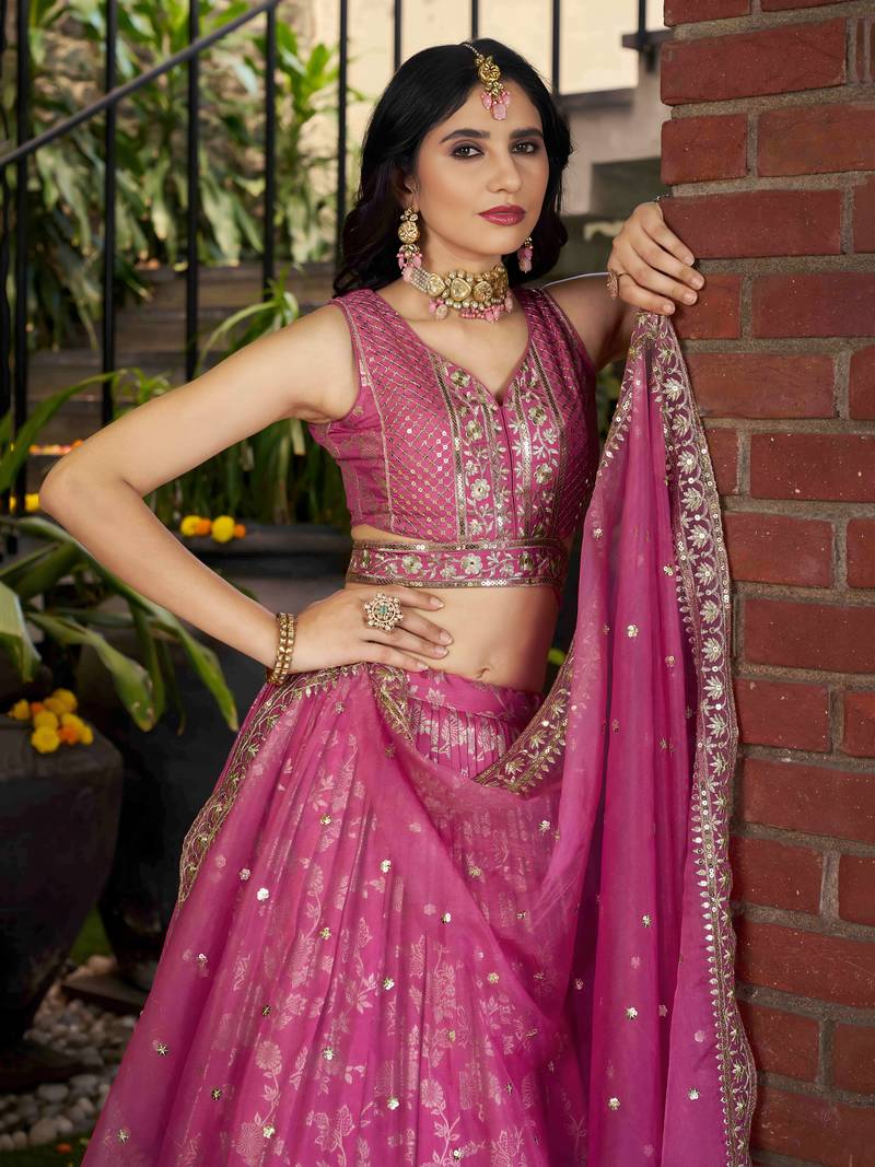 PINK DOLA SILK SEQUINS ZARI EMBROIDERED LEHENGA CHOLI
