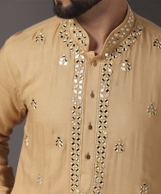 Beige embroidered cotton kurta pajama 5