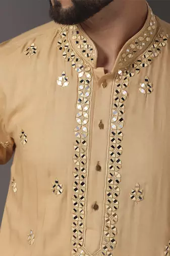 Beige embroidered cotton kurta pajama