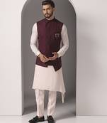 Pink plain cotton kurta set with maroon jacket