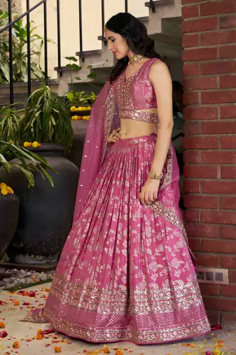 PINK DOLA SILK SEQUINS ZARI EMBROIDERED LEHENGA CHOLI
