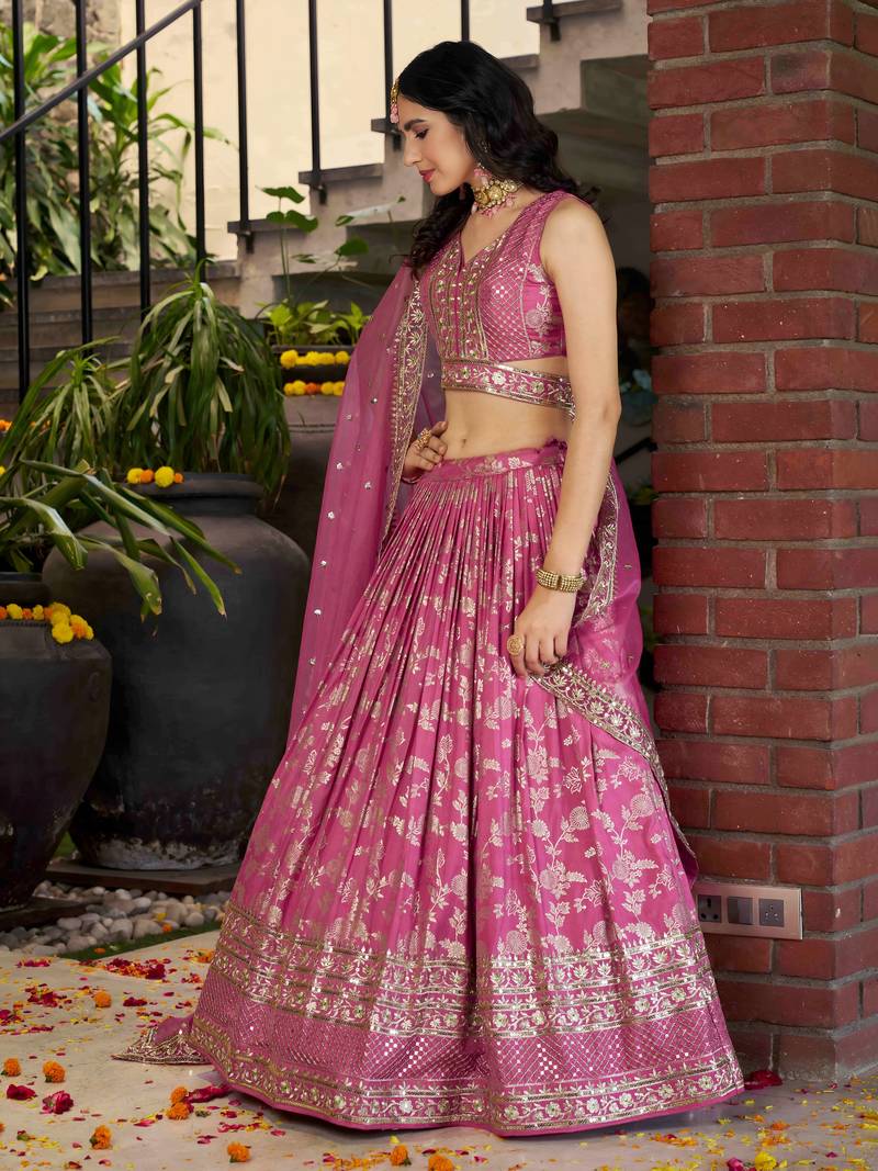 PINK DOLA SILK SEQUINS ZARI EMBROIDERED LEHENGA CHOLI