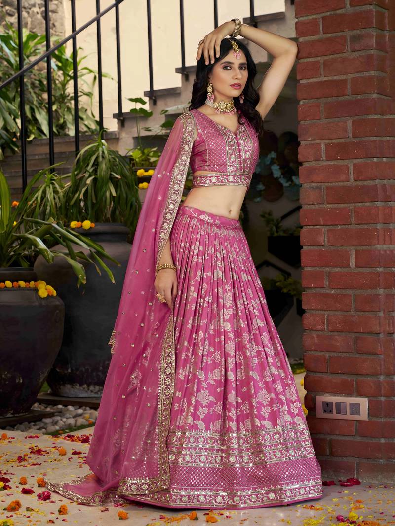 PINK DOLA SILK SEQUINS ZARI EMBROIDERED LEHENGA CHOLI