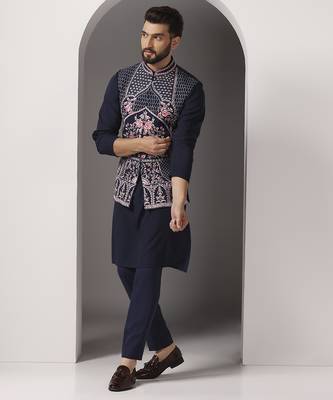Blue embroidered crepe kurta set with blue embroidered jacket 1