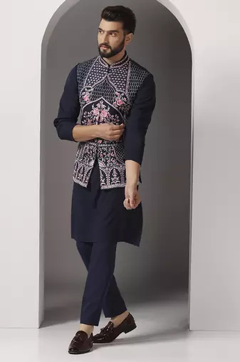 Blue embroidered crepe kurta set with blue embroidered jacket