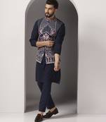 Blue embroidered crepe kurta set with blue embroidered jacket
