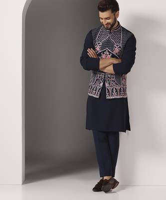 Blue embroidered crepe kurta set with blue embroidered jacket 2