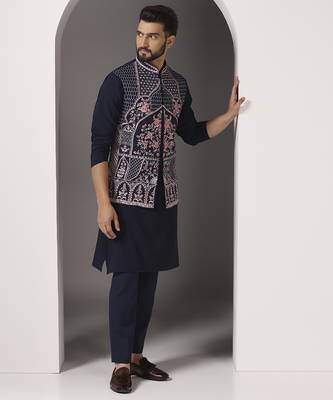 Blue embroidered crepe kurta set with blue embroidered jacket 3