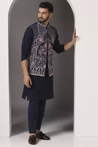 Blue embroidered crepe kurta set with blue embroidered jacket